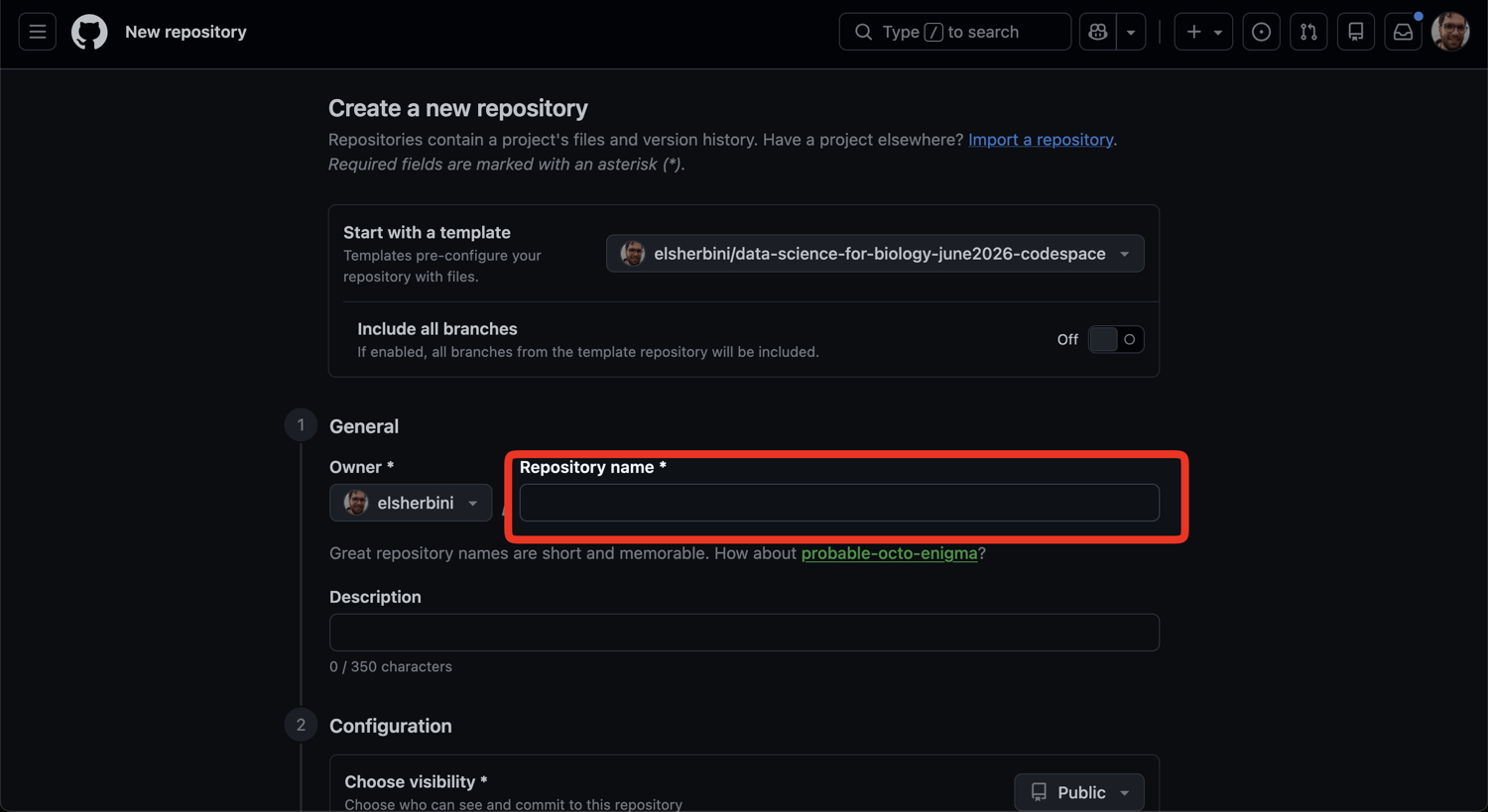 New repository form with the Repository name field highlighted