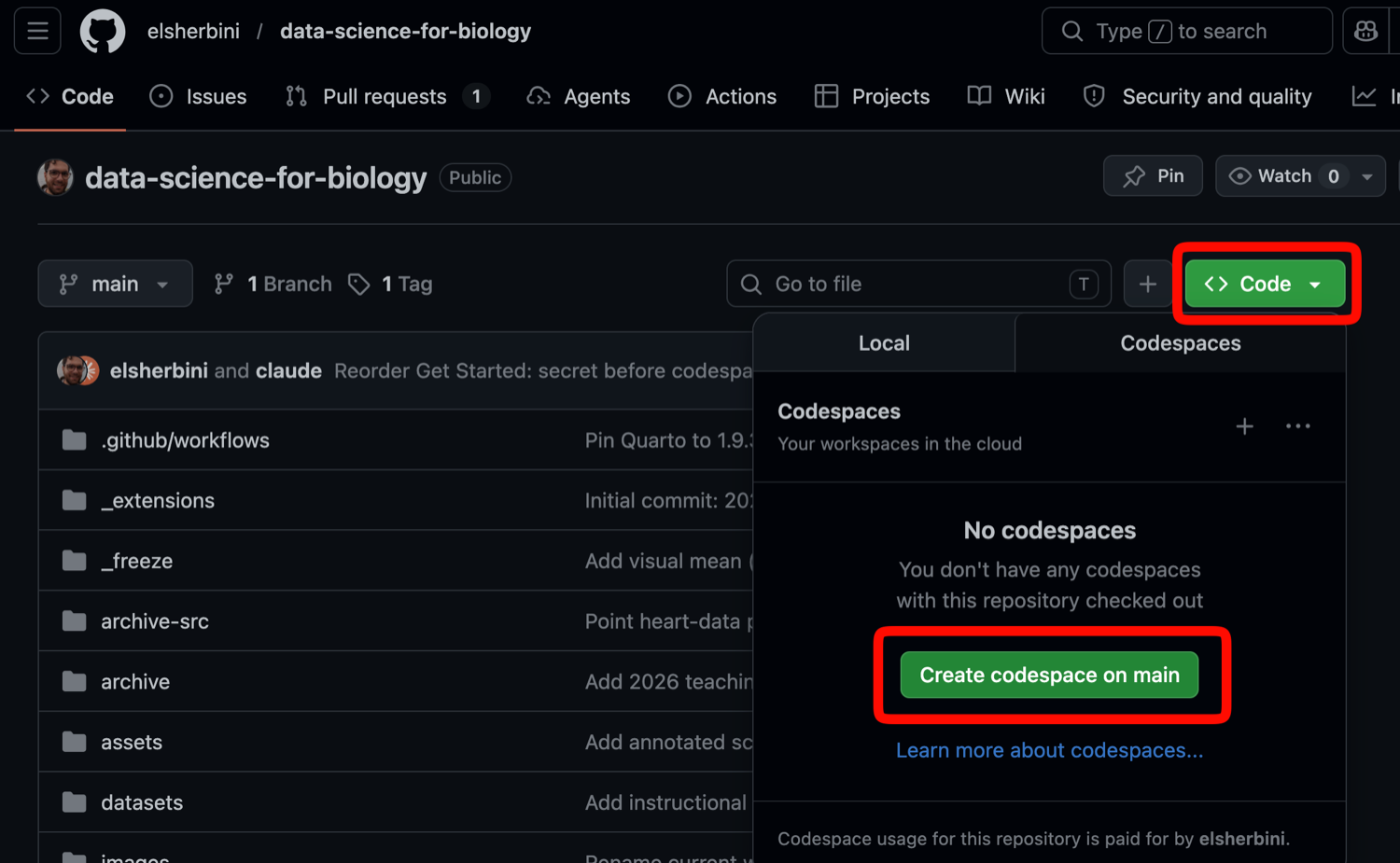 Repository page with the Code button and Create codespace on main button highlighted in the Codespaces tab