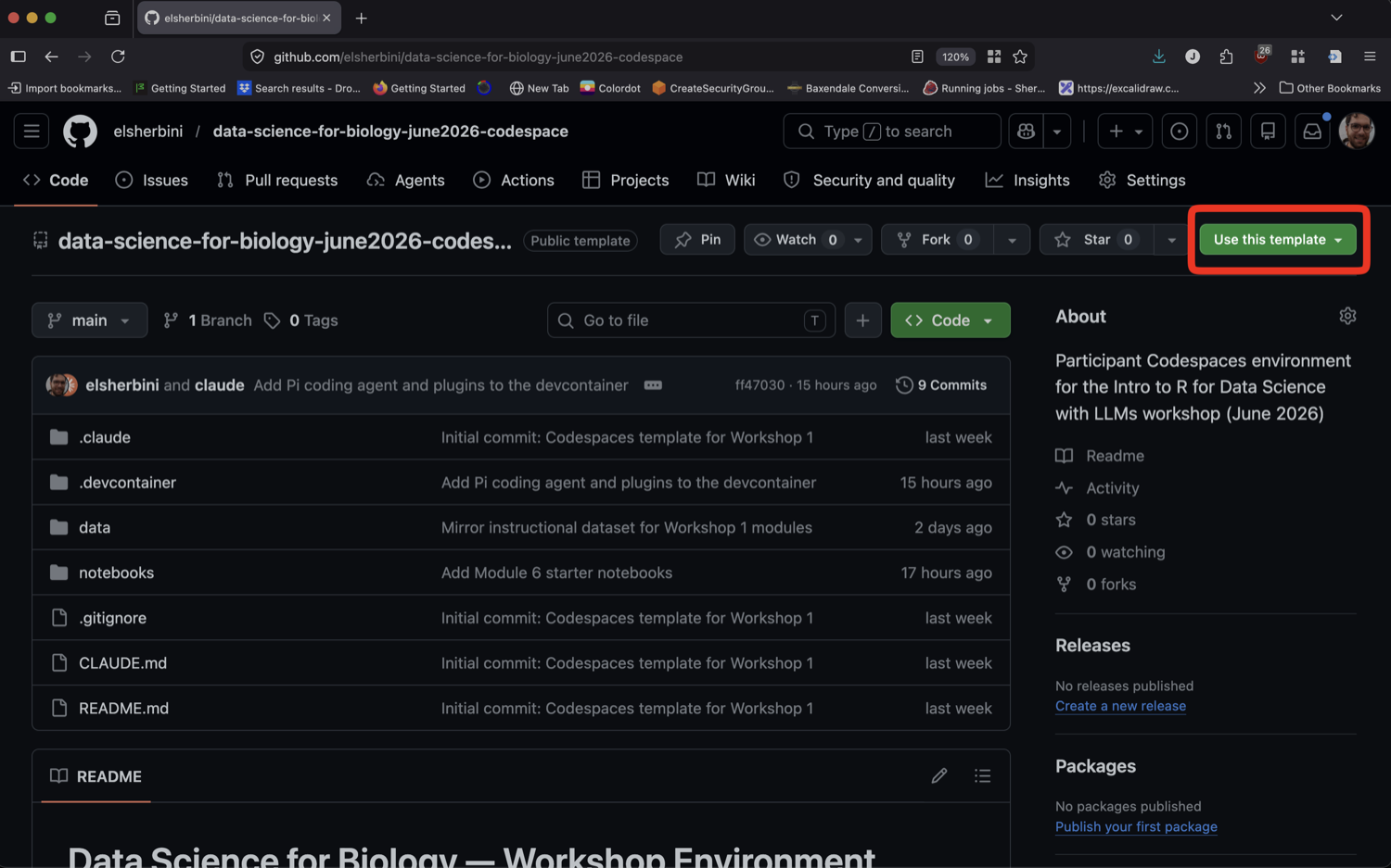 GitHub repo page with the 'Use this template' button highlighted in the top right